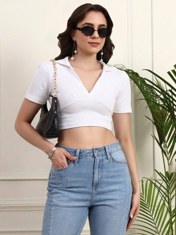 White Ribbed Crop Top View 6