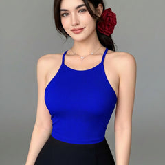 Istyle Can Women Royal Blue Ribbed Halter Neck Racerback Crop Top