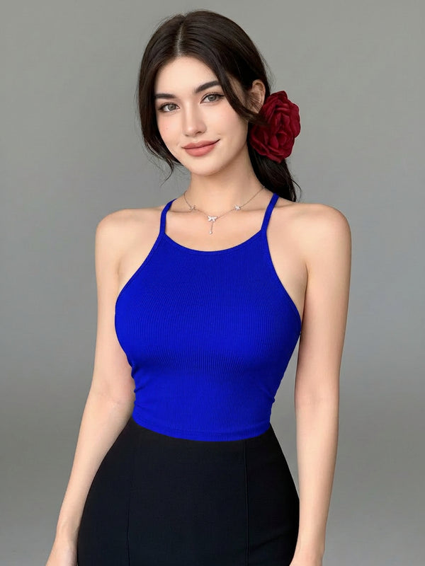 Istyle Can Women Royal Blue Ribbed Halter Neck Racerback Crop Top