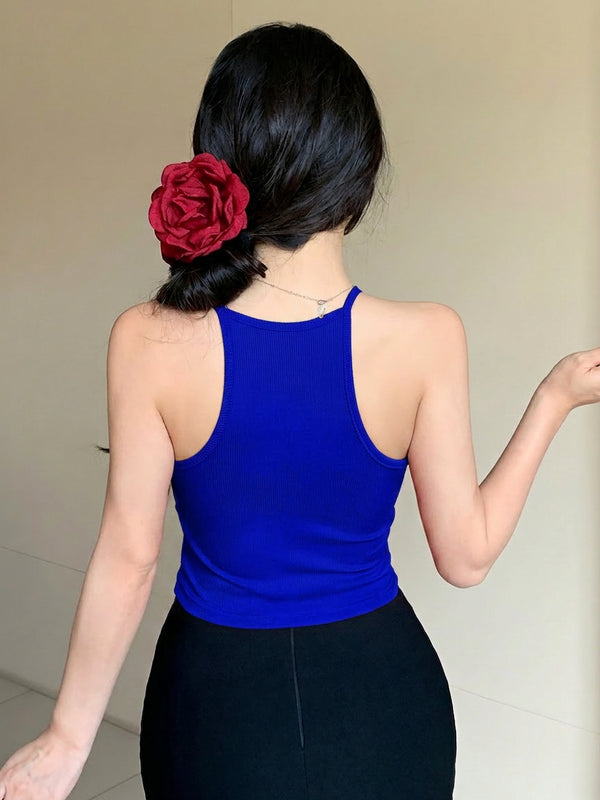 Istyle Can Women Royal Blue Ribbed Halter Neck Racerback Crop Top