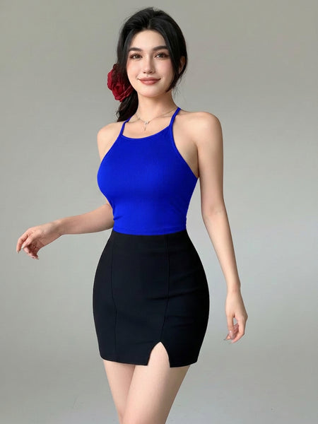Istyle Can Women Royal Blue Ribbed Halter Neck Racerback Crop Top