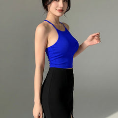 Istyle Can Women Royal Blue Ribbed Halter Neck Racerback Crop Top