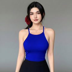 Istyle Can Women Royal Blue Ribbed Halter Neck Racerback Crop Top