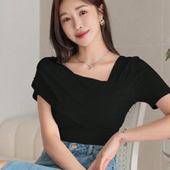 Istyle Can Women's Black Ruched Asymmetrical Stretch T-Shirt Istyle Can
