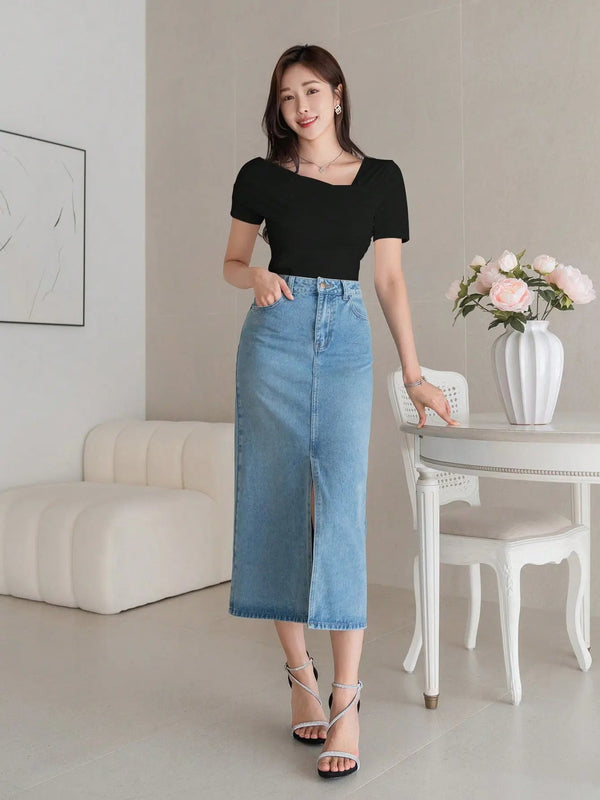 Istyle Can Women's Black Ruched Asymmetrical Stretch T-Shirt Istyle Can