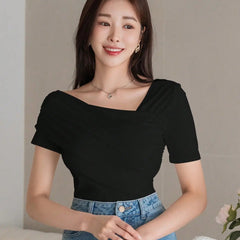 Istyle Can Women's Black Ruched Asymmetrical Stretch T-Shirt Istyle Can