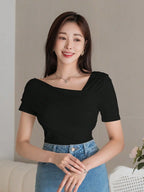 Istyle Can Women's Black Ruched Asymmetrical Stretch T-Shirt Istyle Can