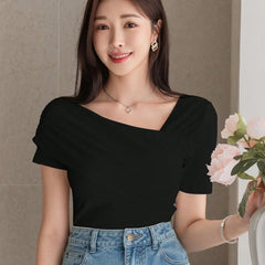 Istyle Can Women's Black Ruched Asymmetrical Stretch T-Shirt Istyle Can