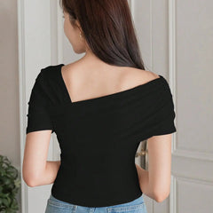 Istyle Can Women's Black Ruched Asymmetrical Stretch T-Shirt Istyle Can