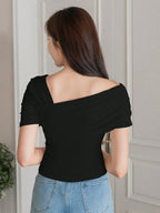 Istyle Can Women's Black Ruched Asymmetrical Stretch T-Shirt Istyle Can