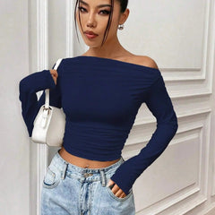 Istyle Can Solid Navy Blue Color Asymmetric Collar Pleated Cropped Top My Store