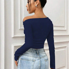 Istyle Can Solid Navy Blue Color Asymmetric Collar Pleated Cropped Top My Store