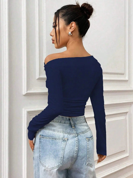 Istyle Can Solid Navy Blue Color Asymmetric Collar Pleated Cropped Top My Store