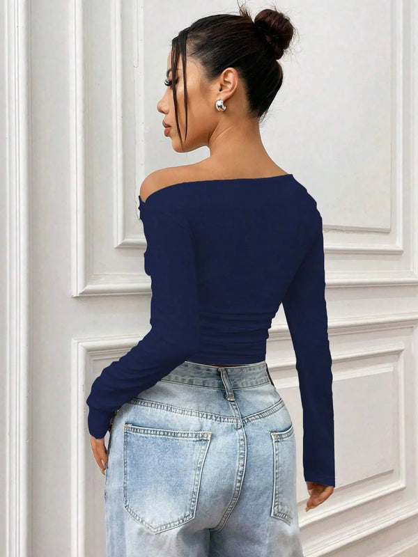 Istyle Can Solid Navy Blue Color Asymmetric Collar Pleated Cropped Top My Store
