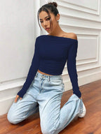 Istyle Can Solid Navy Blue Color Asymmetric Collar Pleated Cropped Top My Store