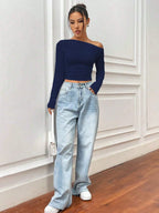 Istyle Can Solid Navy Blue Color Asymmetric Collar Pleated Cropped Top My Store