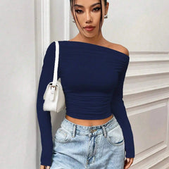 Istyle Can Solid Navy Blue Color Asymmetric Collar Pleated Cropped Top My Store