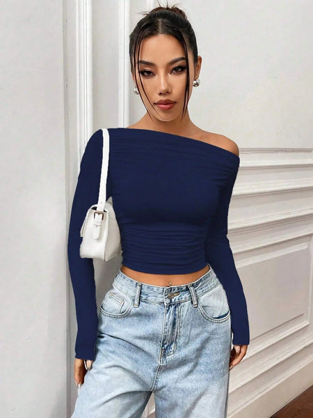 Istyle Can Solid Navy Blue Color Asymmetric Collar Pleated Cropped Top My Store