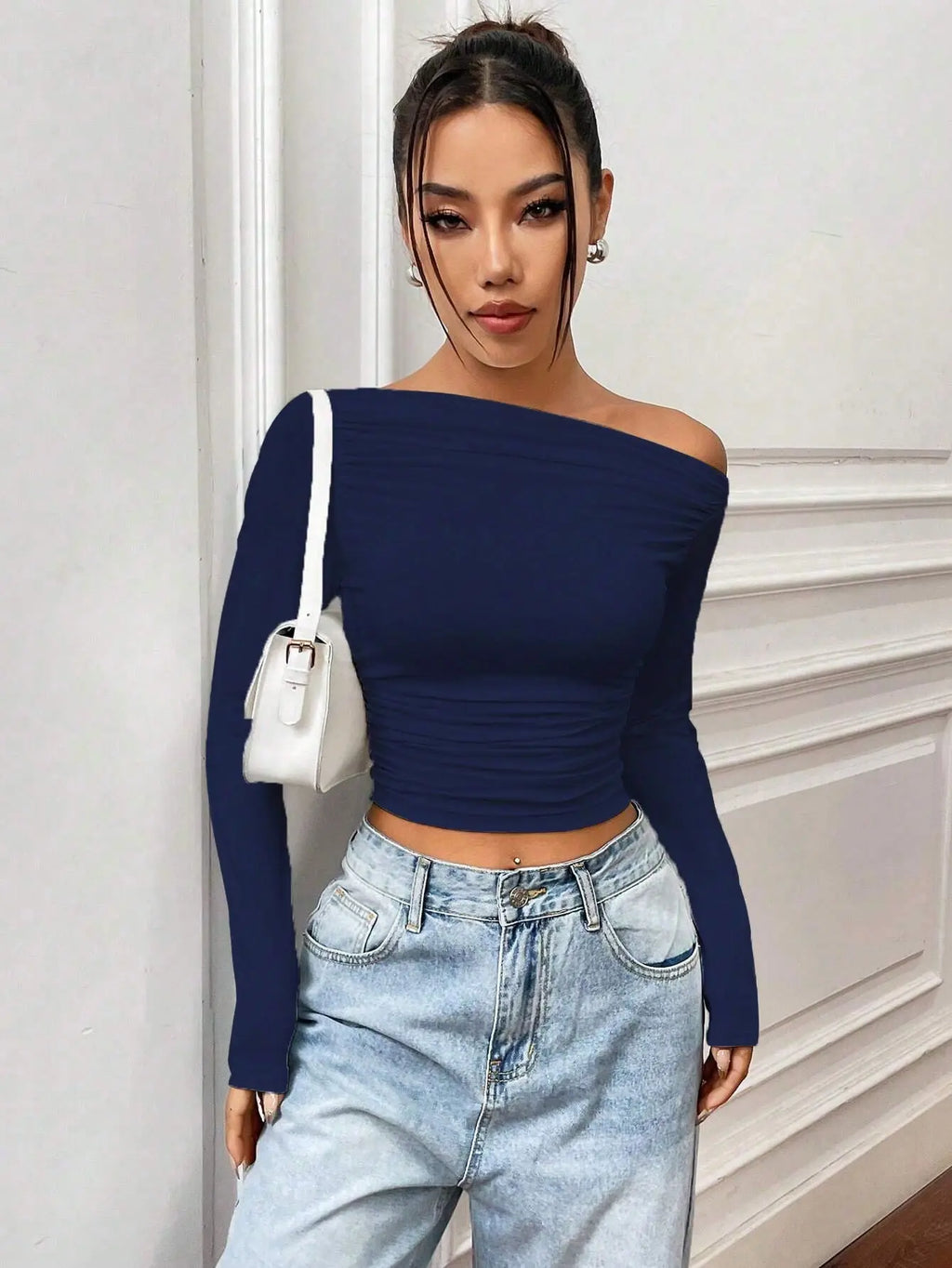 Istyle Can Solid Navy Blue Color Asymmetric Collar Pleated Cropped Top My Store