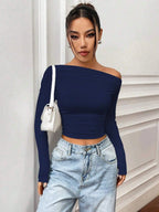 Istyle Can Solid Navy Blue Color Asymmetric Collar Pleated Cropped Top My Store