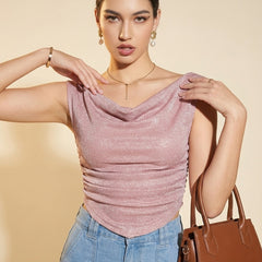 Istyle Can Women Pink Shimmer Mesh Ruched Asymmetric Sleeveless Crop Top
