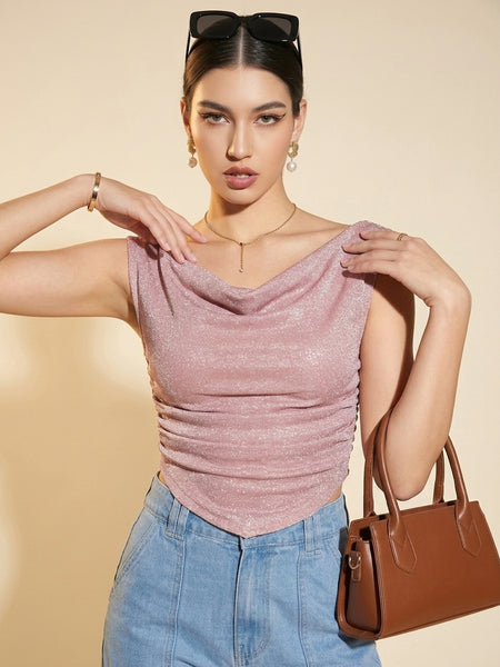 Istyle Can Women Pink Shimmer Mesh Ruched Asymmetric Sleeveless Crop Top