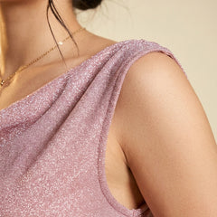 Istyle Can Women Pink Shimmer Mesh Ruched Asymmetric Sleeveless Crop Top