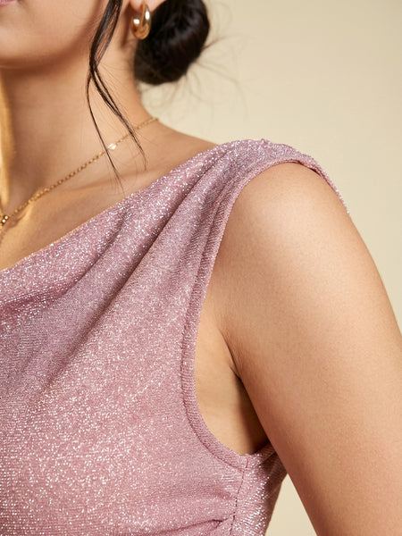 Istyle Can Women Pink Shimmer Mesh Ruched Asymmetric Sleeveless Crop Top