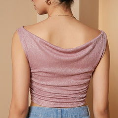 Istyle Can Women Pink Shimmer Mesh Ruched Asymmetric Sleeveless Crop Top
