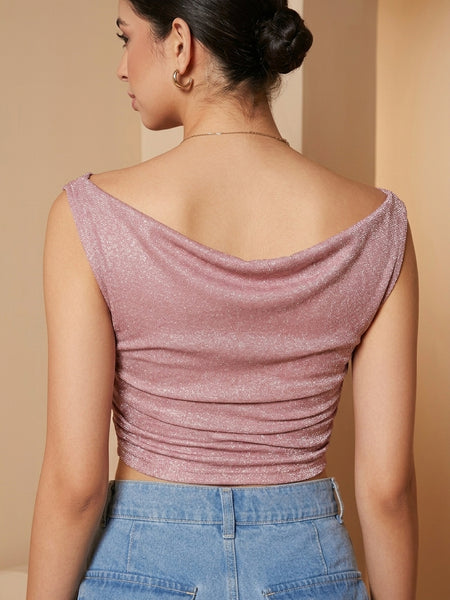 Istyle Can Women Pink Shimmer Mesh Ruched Asymmetric Sleeveless Crop Top