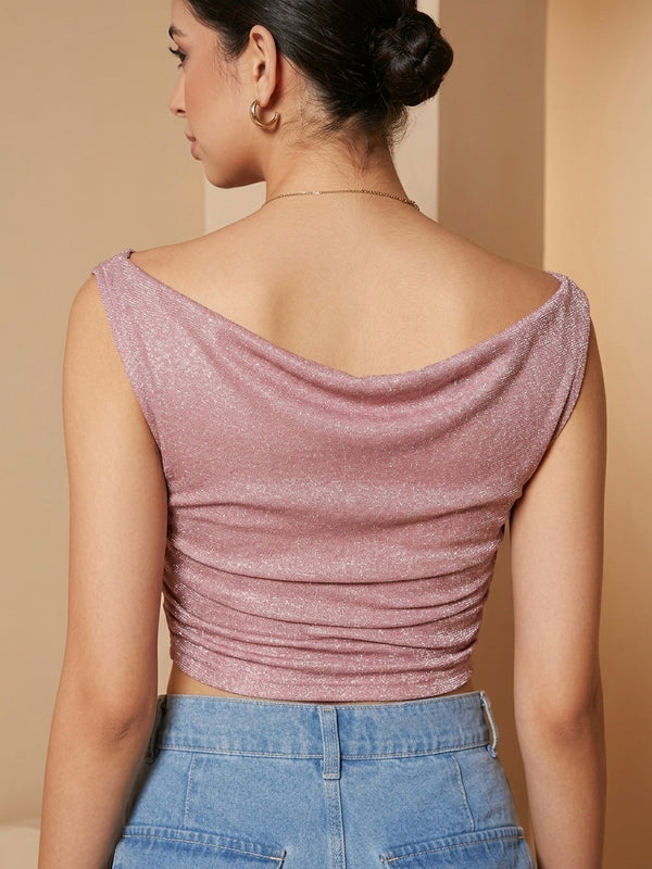 Istyle Can Women Pink Shimmer Mesh Ruched Asymmetric Sleeveless Crop Top