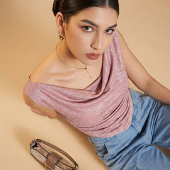 Istyle Can Women Pink Shimmer Mesh Ruched Asymmetric Sleeveless Crop Top