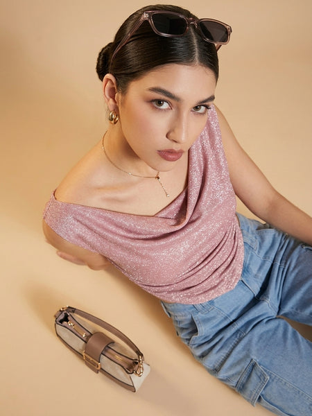 Istyle Can Women Pink Shimmer Mesh Ruched Asymmetric Sleeveless Crop Top