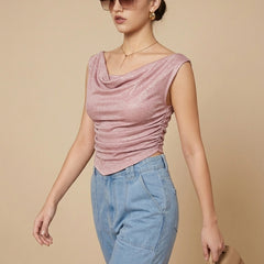 Istyle Can Women Pink Shimmer Mesh Ruched Asymmetric Sleeveless Crop Top