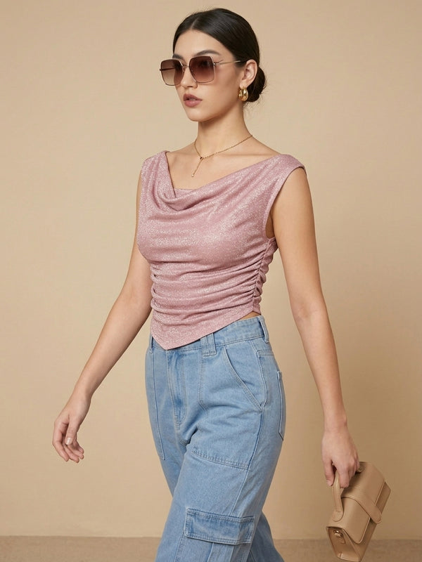 Istyle Can Women Pink Shimmer Mesh Ruched Asymmetric Sleeveless Crop Top