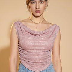 Istyle Can Women Pink Shimmer Mesh Ruched Asymmetric Sleeveless Crop Top