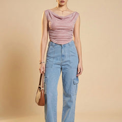 Istyle Can Women Pink Shimmer Mesh Ruched Asymmetric Sleeveless Crop Top