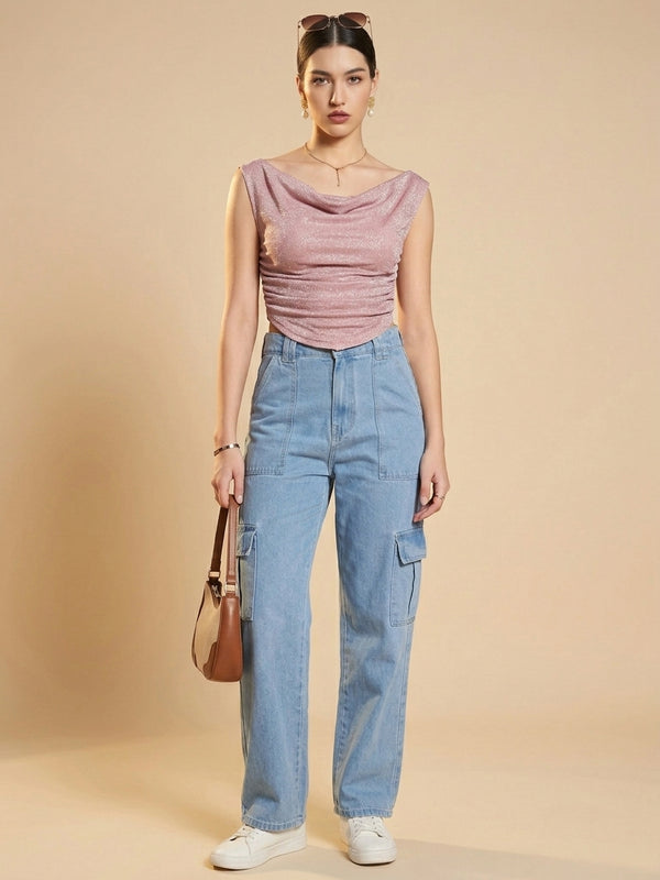 Istyle Can Women Pink Shimmer Mesh Ruched Asymmetric Sleeveless Crop Top