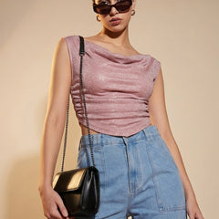 Istyle Can Women Pink Shimmer Mesh Ruched Asymmetric Sleeveless Crop Top