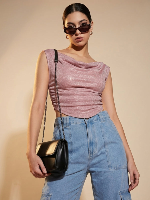 Istyle Can Women Pink Shimmer Mesh Ruched Asymmetric Sleeveless Crop Top
