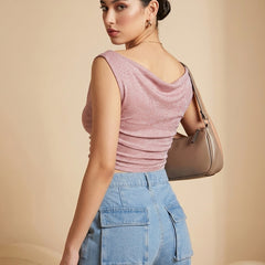 Istyle Can Women Pink Shimmer Mesh Ruched Asymmetric Sleeveless Crop Top