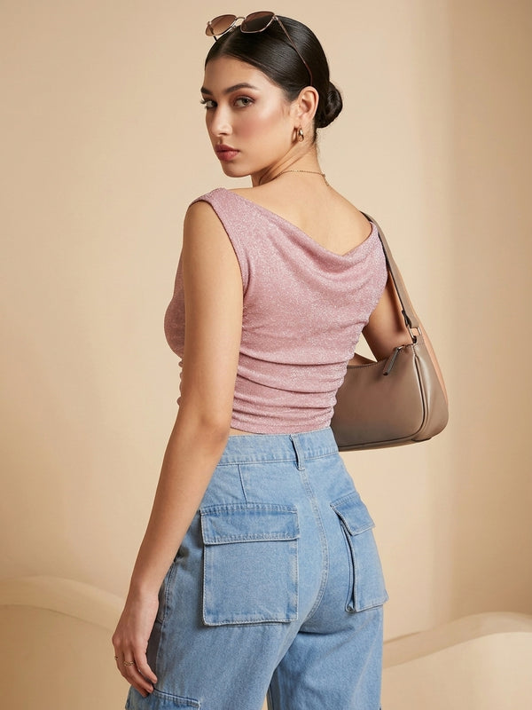 Istyle Can Women Pink Shimmer Mesh Ruched Asymmetric Sleeveless Crop Top