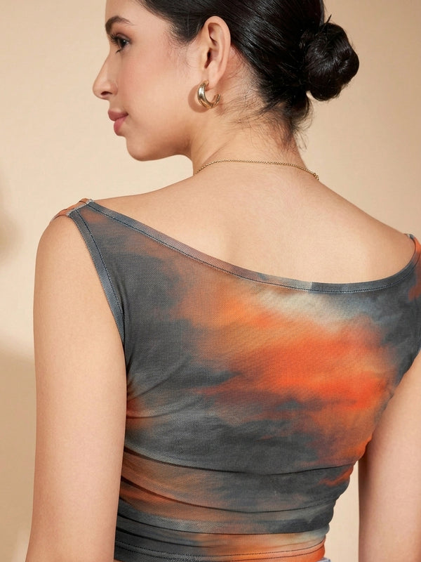 Istyle Can Women Brown Mesh Lined Ruched Asymmetric Sleeveless Crop Top