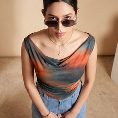 Istyle Can Women Brown Mesh Lined Ruched Asymmetric Sleeveless Crop Top