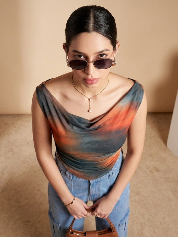 Istyle Can Women Brown Mesh Lined Ruched Asymmetric Sleeveless Crop Top