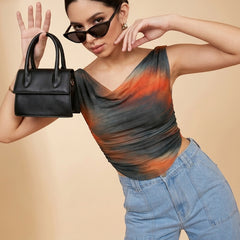 Istyle Can Women Brown Mesh Lined Ruched Asymmetric Sleeveless Crop Top