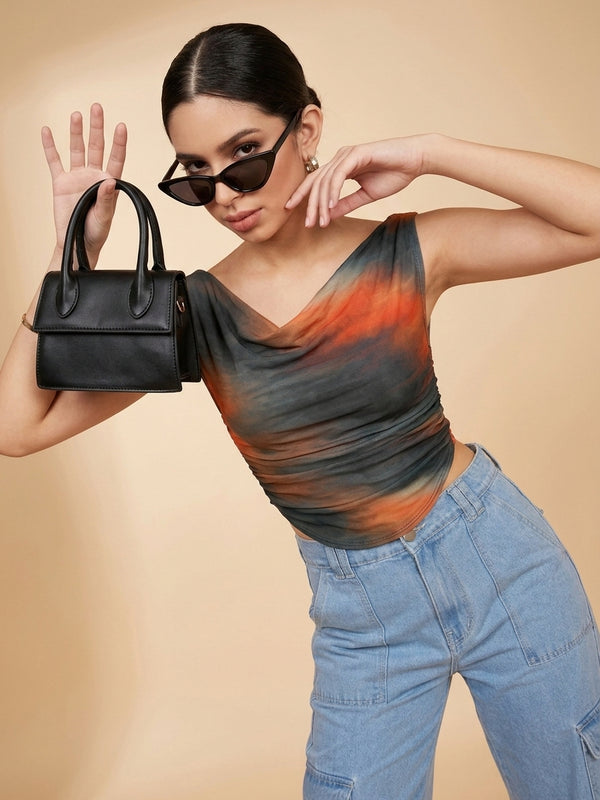 Istyle Can Women Brown Mesh Lined Ruched Asymmetric Sleeveless Crop Top