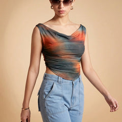 Istyle Can Women Brown Mesh Lined Ruched Asymmetric Sleeveless Crop Top