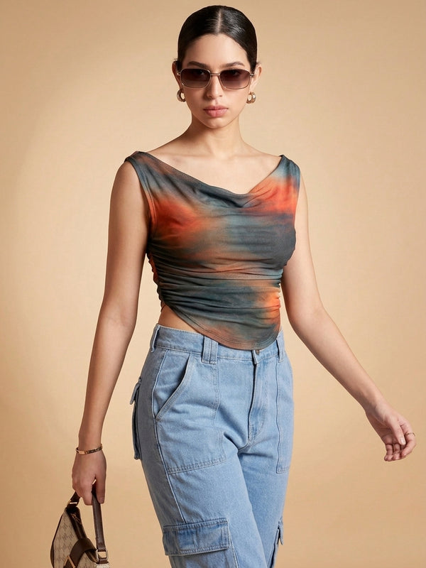 Istyle Can Women Brown Mesh Lined Ruched Asymmetric Sleeveless Crop Top