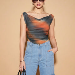 Istyle Can Women Brown Mesh Lined Ruched Asymmetric Sleeveless Crop Top